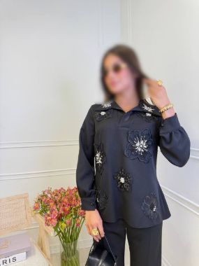 هیلار ست شومیز و شلوار گل حریر کریستال مشکی 