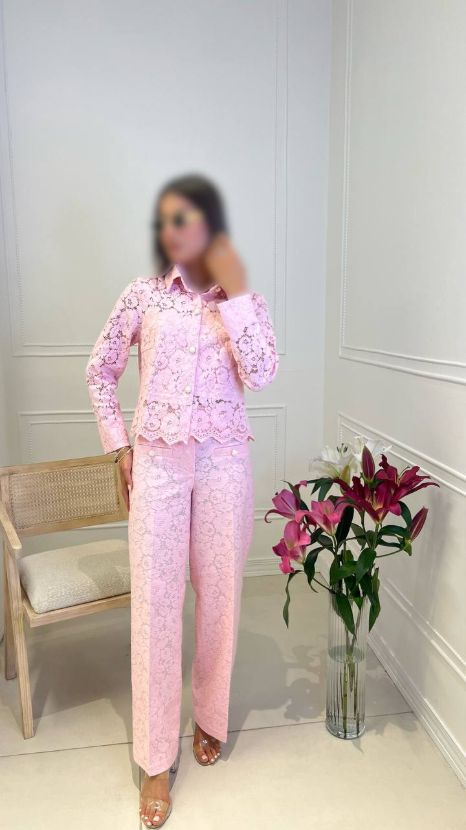 بیسادی ست شومیز شلوار دانتل دکمه مروارید صورتی 