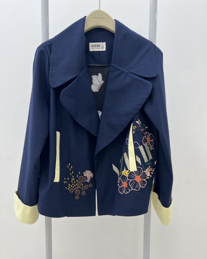 عظیمی کت گلدوزی گل سرمه ای -لیمویی